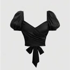 Lulus So Sweet and Simple black smocked puff sleeve Wrap crop top